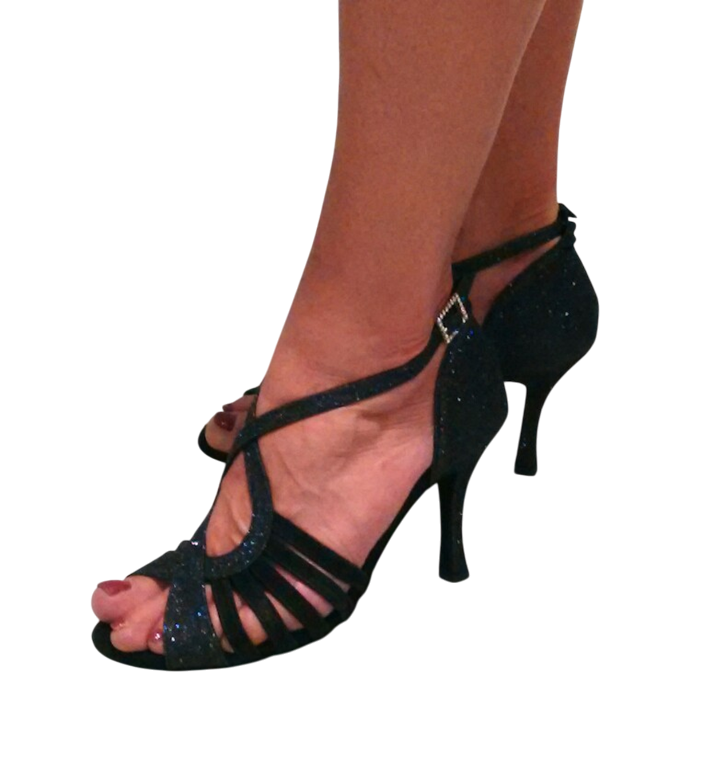Chaussures de danse femme VIVIANE à bouts ouverts en satin et glitter noirs avec talon glitter noir 7cm vue portées