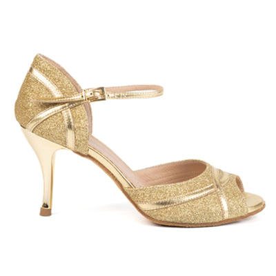 Chaussures de danse femme SHEREHAZADE à bouts ouverts en glitter et cuir or talon aiguille métallisé or 8cm noir vue profil
