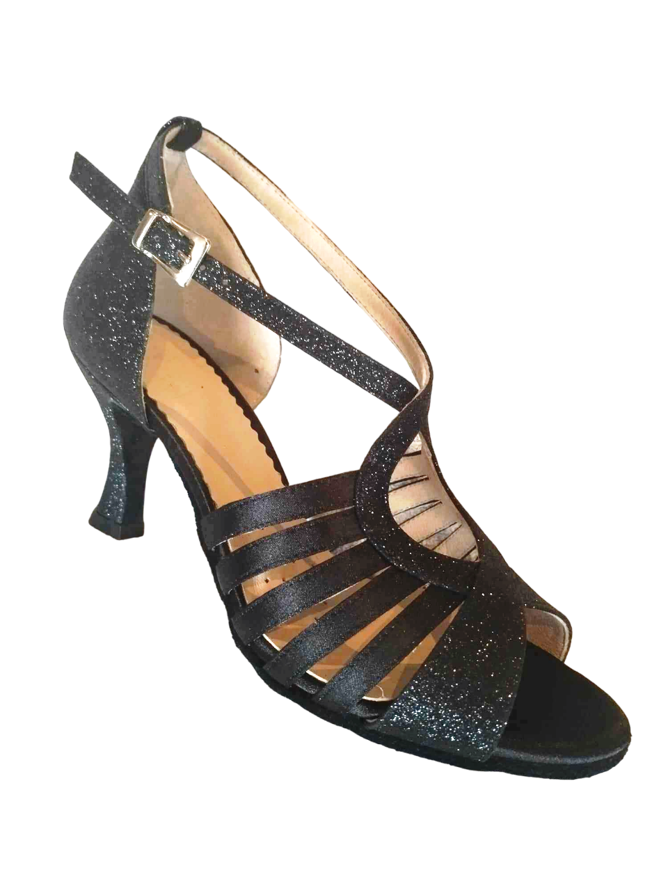 Chaussures de danse femme VIVIANE à bouts ouverts en satin et glitter noirs avec talon glitter noir 7cm vue 3 quarts