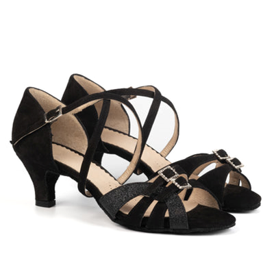 Chaussures de danse femme CARLA à bouts ouverts en peau et glitter noirs 2 brides dessus le pied réglables par boucles strass attache croisée cheville talon bobine 5cm, vue 3 quarts