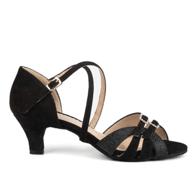 Chaussures de danse femme CARLA à bouts ouverts en peau et glitter noirs 2 brides dessus le pied réglables par boucles strass attache croisée cheville talon bobine 5cm, vue profil