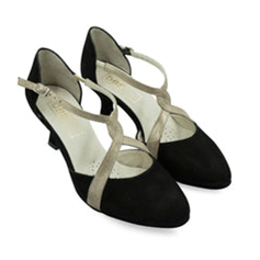 Chaussures de danse femme GEORGIA à bouts fermés en peau noire et glitter platine talon 3cm, vue 3 quarts