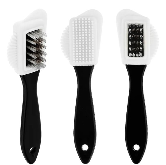Brosse à chaussures triple face pour semelle et dessus en peau