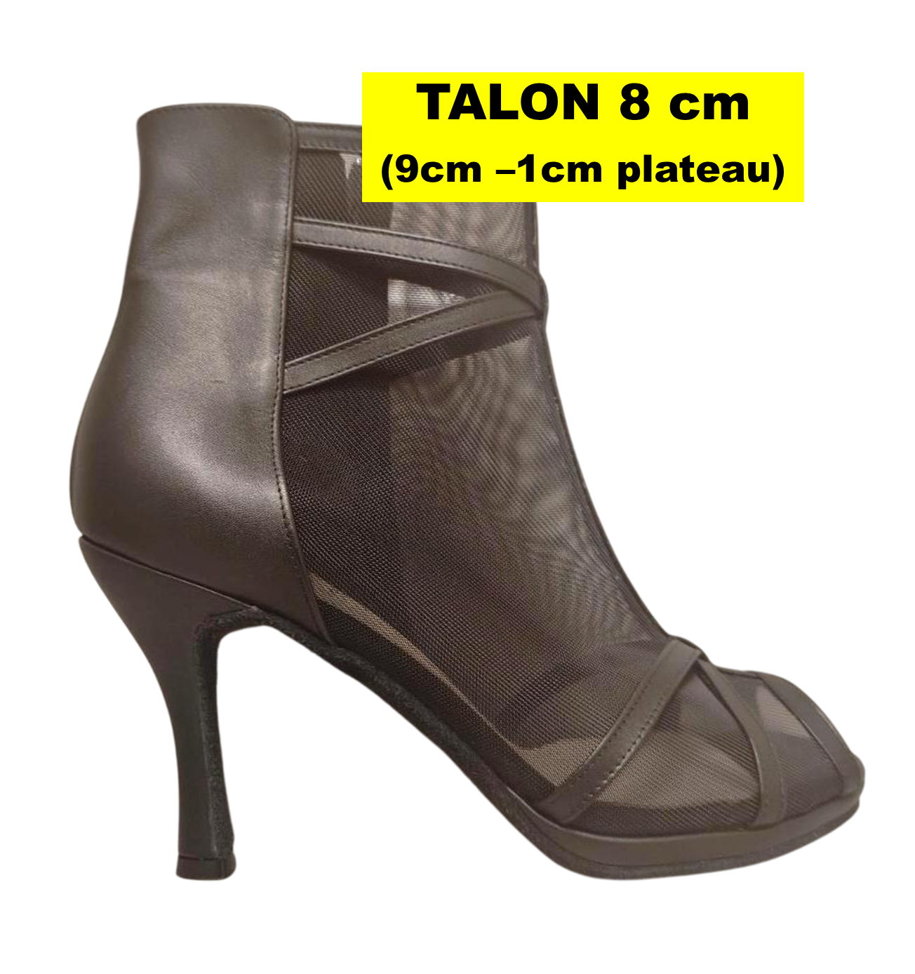 Bottines en cuir et tule noirs et plateau avec fermeture éclair Talon 8cm vue profil