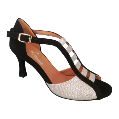 Chaussures de danse femme PERLA à bouts ouverts en peau noire et tissu brillant argent talon stable 7cm noir