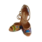 Chaussures de danse femme YUMNA à bouts ouverts en tissu africain wax très coloré et glitter cuivre avec talon glitter 9cm vue dessus