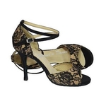 Chaussures de danse femme ELENA à bouts ouverts en satin champagne et dentelle noire talon fin noir 8cm vue profil 2