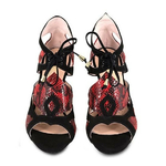 Chaussures de danse femme DEISY à bouts ouverts en peau noire et style serpent rouge talon aiguille rouge 9cm vue dessus