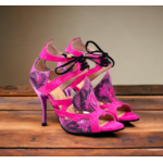 Chaussures de danse femme DEISY PINK à bouts ouverts en peau fuschia et serpent fuschia et noir talon aiguille fuschia 9cm vue 3 quarts