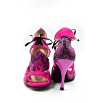 Chaussures de danse femme DEISY PINK à bouts ouverts en peau fuschia et serpent fuschia et noir talon aiguille fuschia 9cm vue talon