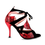 Chaussures de danse femme DEISY à bouts ouverts en peau noire et style serpent rouge talon aiguille rouge 9cm vue profil