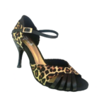 Chaussures de danse femme NICOLA à bouts ouverts en tissu léopard et satin noir talon aiguille laqué noir 8.5cm vue 3 quarts