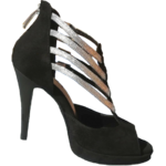 Chaussures de danse femme montantes SABRINA à bouts ouverts en peau noire brides glitter argent talon aiguille 9.5cm noir   plateau 2cm vue profil