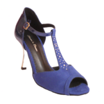 Chaussures de danse femme SERENA BLU en peau bleue. Strass devant. Talon métal argent 8cm