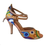Chaussures de danse femme YUMNA à bouts ouverts en tissu africain wax très coloré et glitter cuivre avec talon glitter 9cm vue profil
