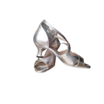 Chaussures de danse femme BUTTY à bouts ouverts en cuir argent avec bride croisée sur dessus du pied talon bobine 5cm, vue profil