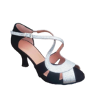 Chaussures de danse femme KIARA à bouts ouverts en peau noire et glitter argent talon bobine noir 7cm vue 3 quarts