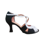 Chaussures de danse femme KIARA à bouts ouverts en peau noire et glitter argent talon bobine noir 7cm vue profil