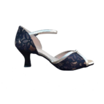 Chaussures de danse femme MONALISA à bouts ouverts en dentelle noire et cuir or talon bobine 7cm vue profil