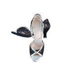 Chaussures de danse femme MONALISA à bouts ouverts en dentelle noire et cuir or talon bobine 7cm vue dessus
