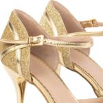 Chaussures de danse femme SHEREHAZADE à bouts ouverts en glitter et cuir or talon aiguille métallisé or 8cm noir vue bride et boucle