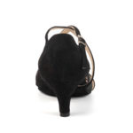 Chaussures de danse femme CARLA à bouts ouverts en peau et glitter noirs 2 brides dessus le pied réglables par boucles strass attache croisée cheville talon bobine 5cm, vue derrière