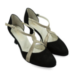 Chaussures de danse femme GEORGIA à bouts fermés en peau noire et glitter platine talon 3cm, vue 3 quarts