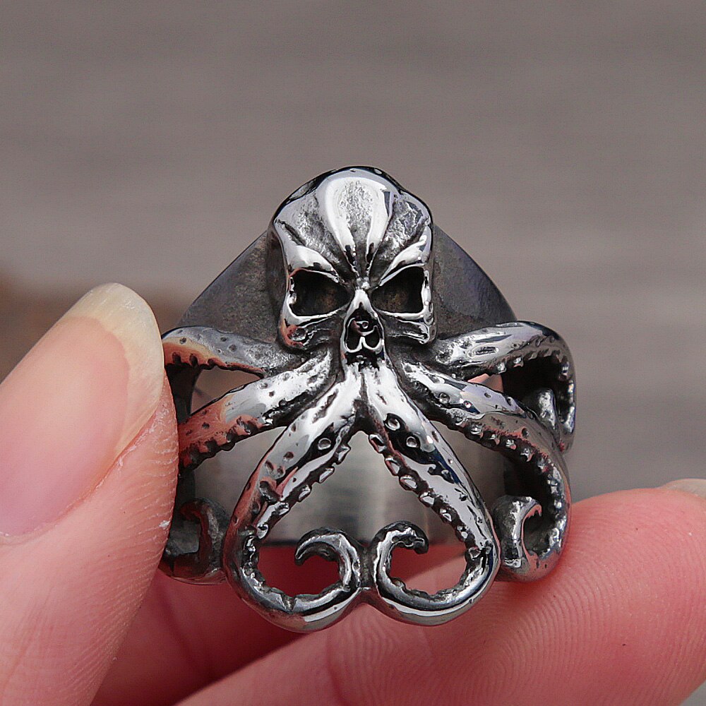 Bague-de-motard-cr-ne-de-Pirate-pour-hommes-et-femmes-anneau-de-poulpe-gothique-en