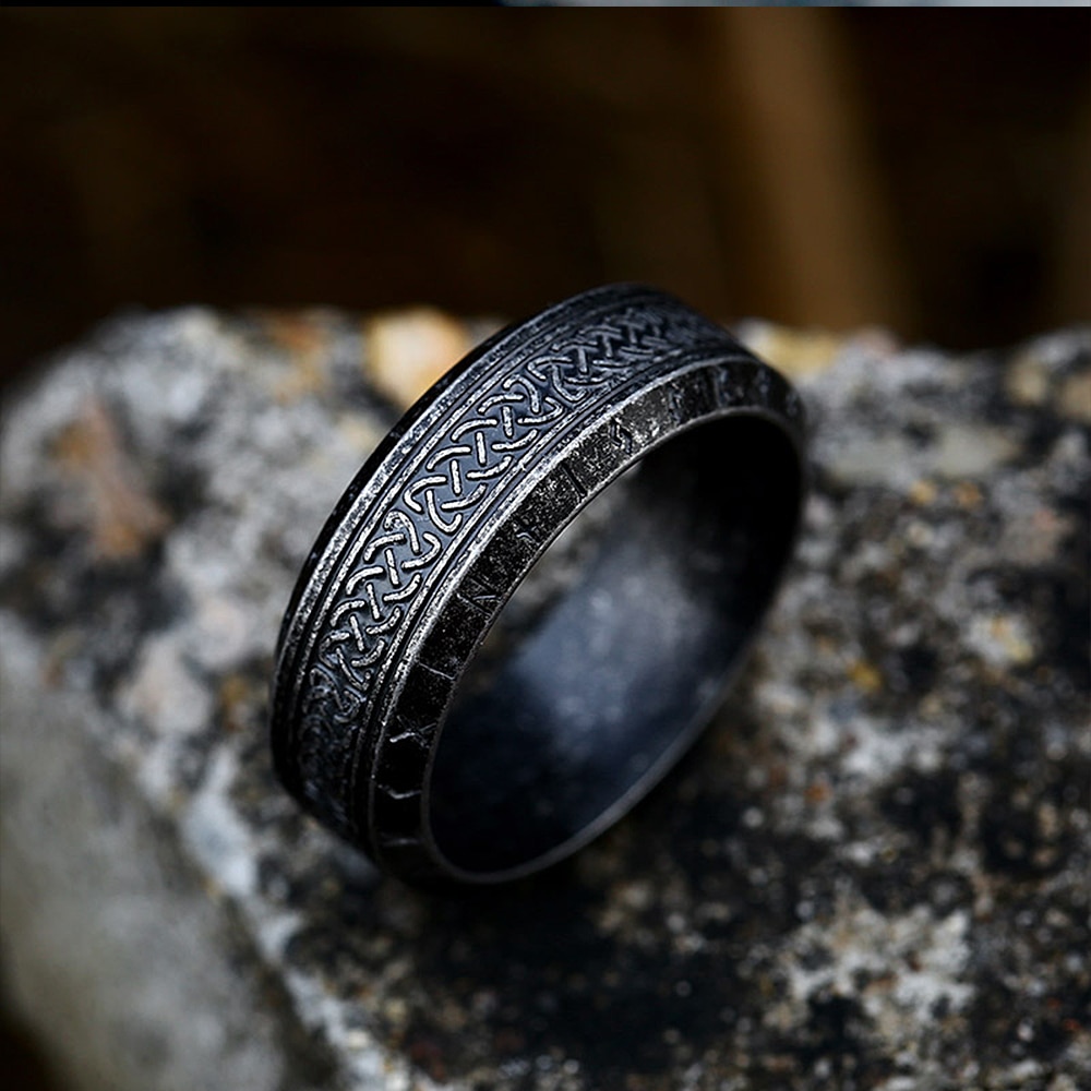 Bague-Vintage-Viking-Rune-pour-hommes-anneau-de-motard-Unique-en-acier-inoxydable-anneau-n-ud