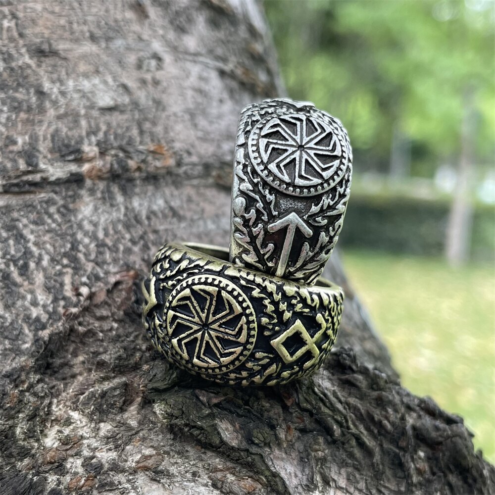 Bague-Viking-Slavique-Kolovrat-Symdakens-Runes-Nordiques-Teiwaz-et-Othila-Bijoux-Vintage