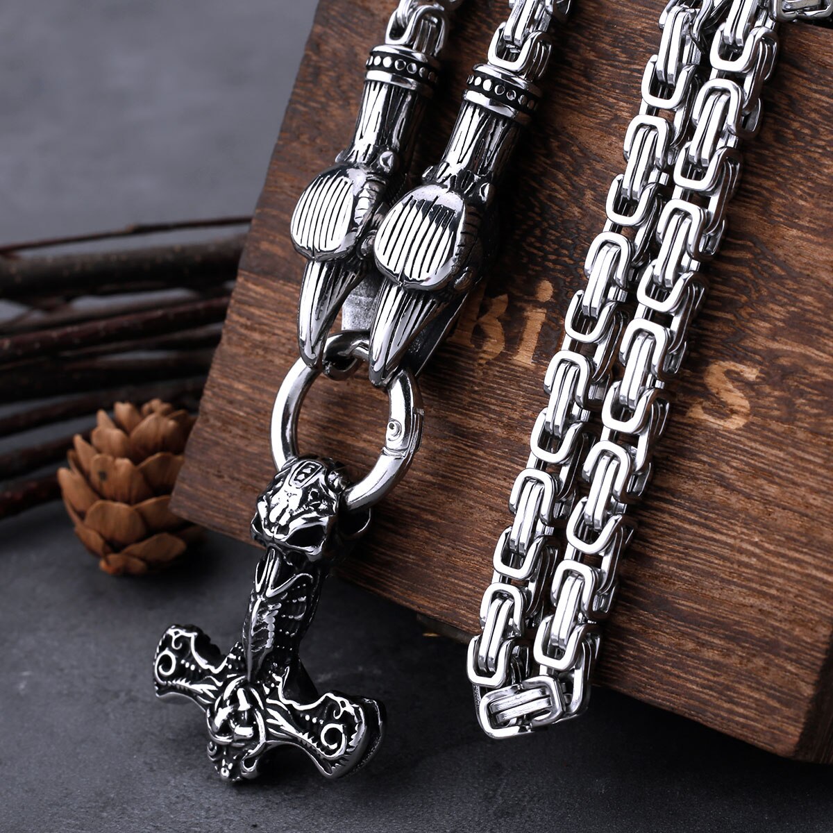 Mjolnir-pendentif-en-acier-inoxydable-pour-hommes-collier-de-costume-de-corbeau-style-Punk-et-celtique