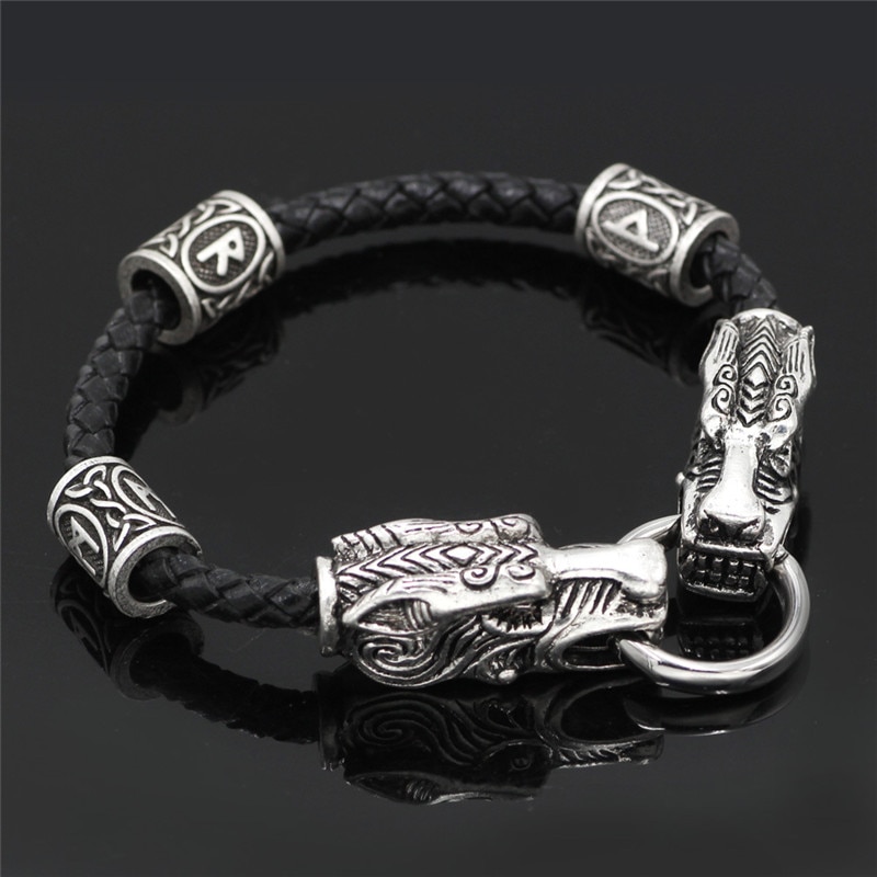 Bracelet Runique Viking - Fermoir Têtes de Loups