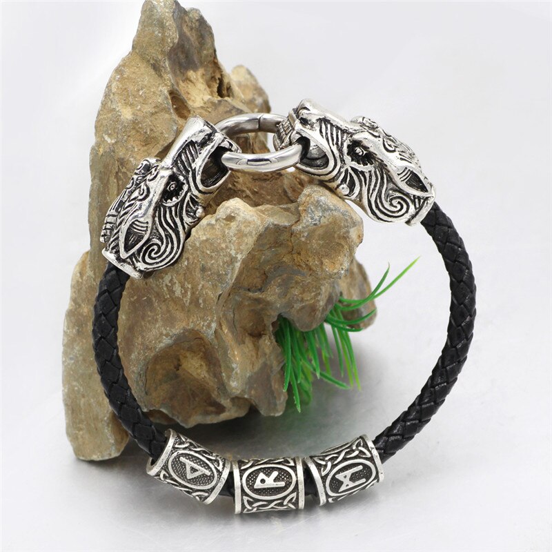 Bracelets-Vintage-t-te-de-tigre-Viking-Rune-en-cuir-accessoires-scandinave-nordique-cha-ne-pour