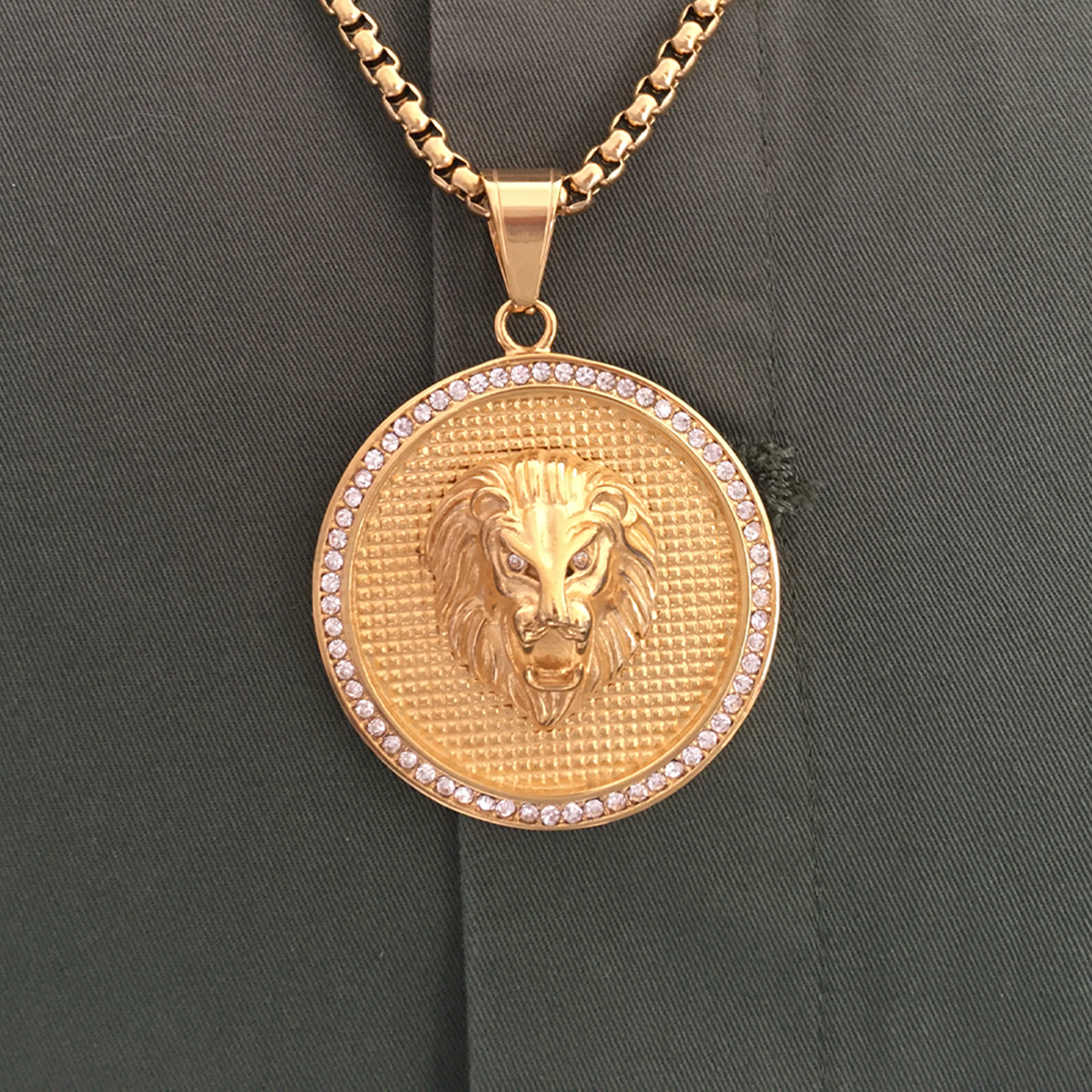 Gold Lion Head Necklace with Rhinestone