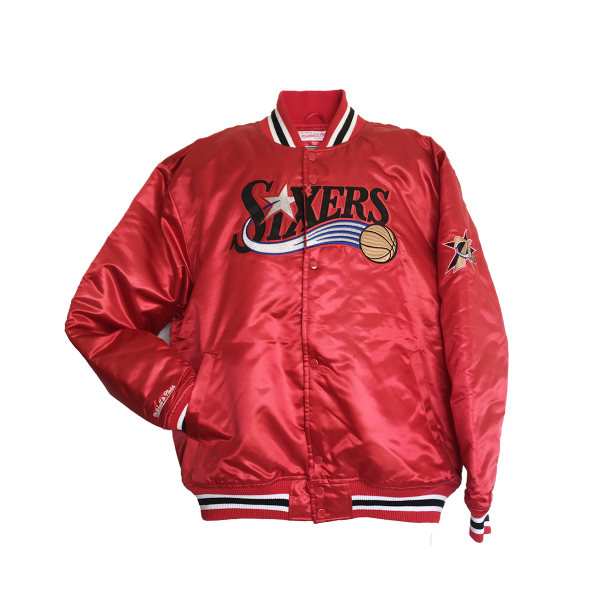 Sixers Varsity Full Snap Satin Jacket (XL)