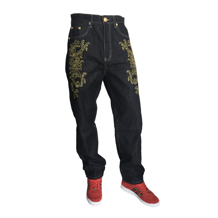 Black baggy jeans with golden embroidery