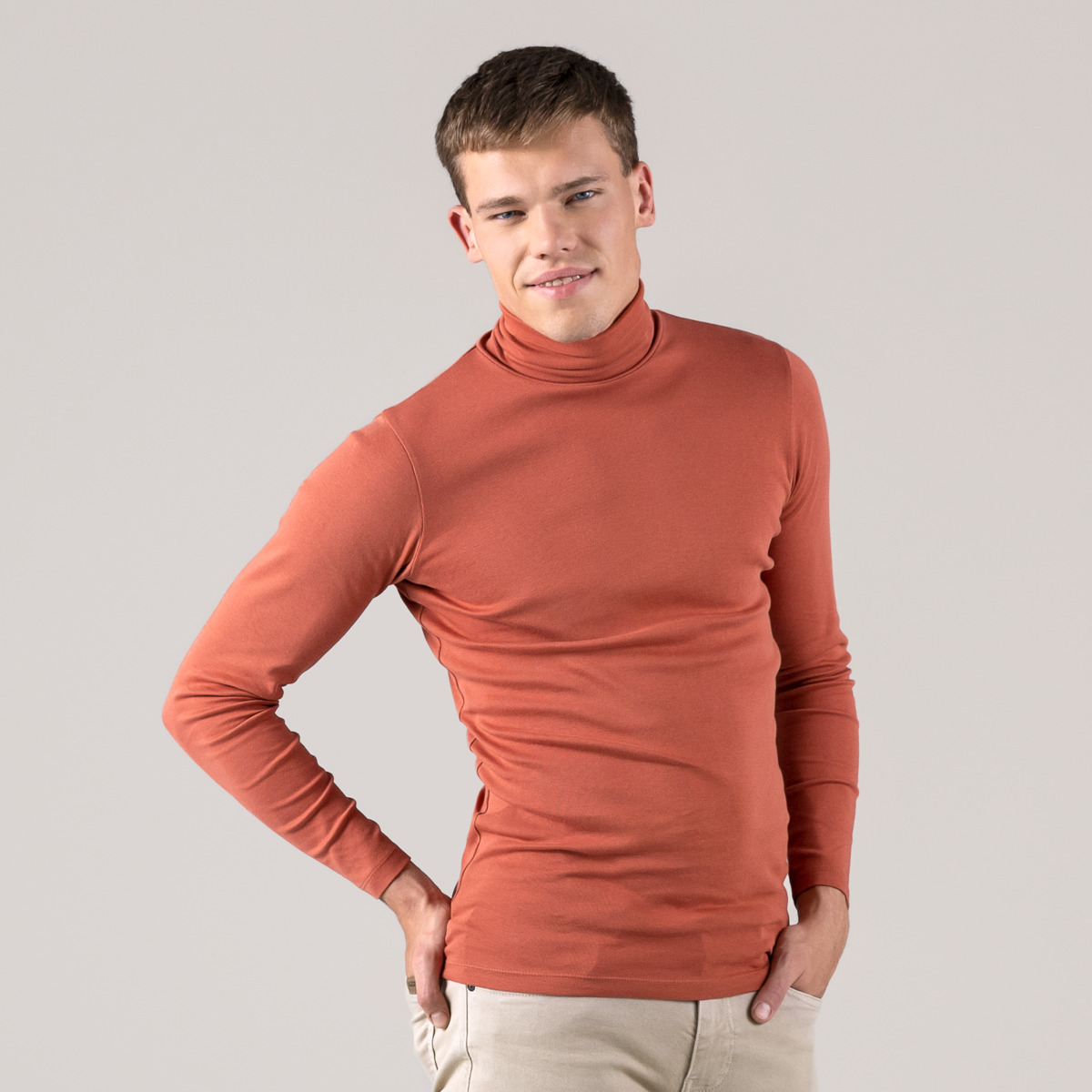 Pull Col Roulé Homme Coupe Droite - Coton élastique Uni - Sous-vêtement Chaud Ou Vêtement Solo