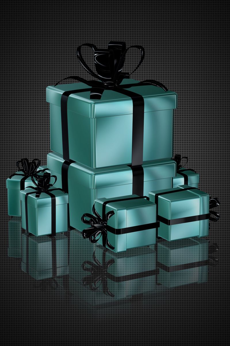 Pile de boîtes-cadeaux élégantes bleu sarcelle avec des rubans noirs, parfaites pour les célébrations de luxe