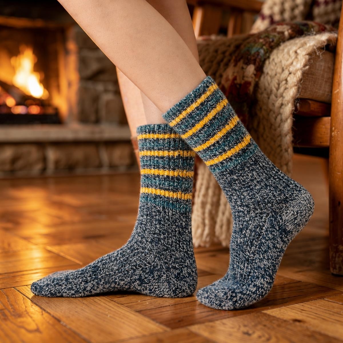 Chaussettes chaudes en coton bio et laine, rayures beige et crème - Ecoline