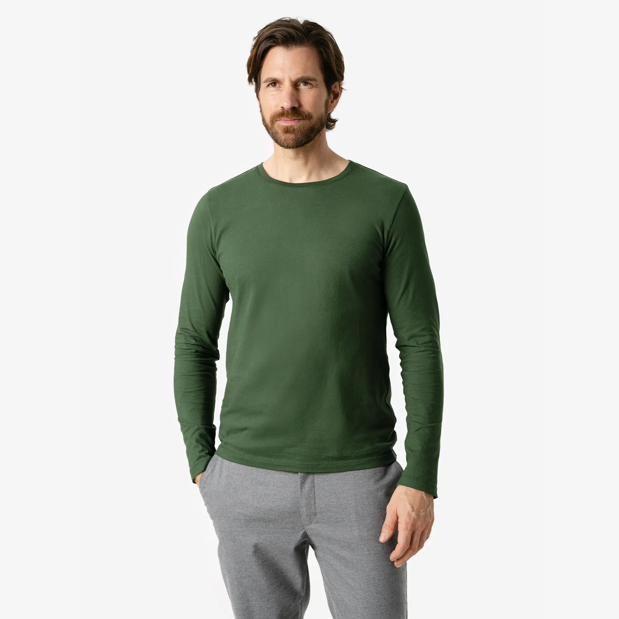 T-shirt manches longues Terik en coton bio vert forêt, vue de face