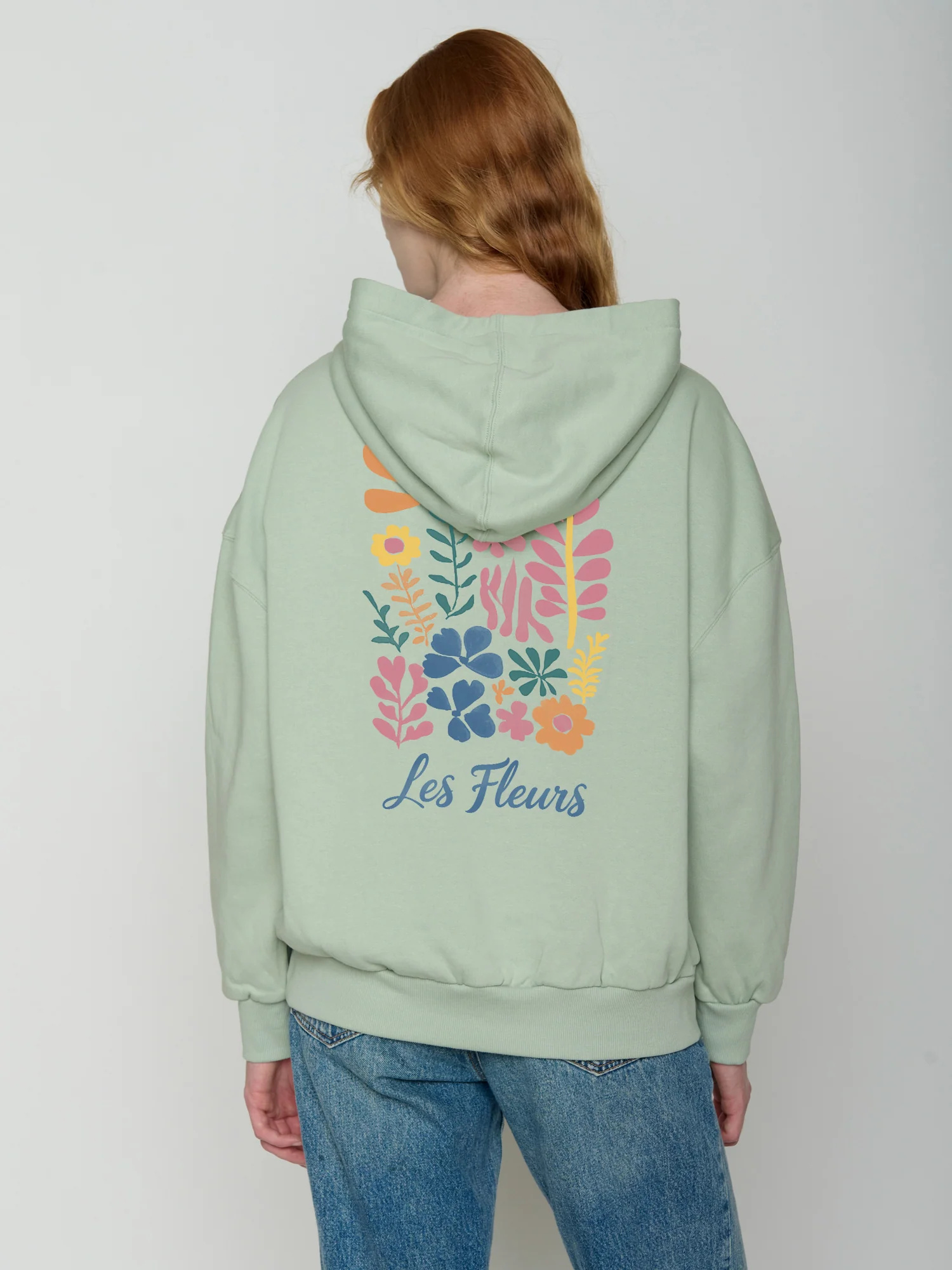 Sweat à capuche femme Mello GREENBOMB en coton bio vert menthe doux, motif brodé Les Fleurs