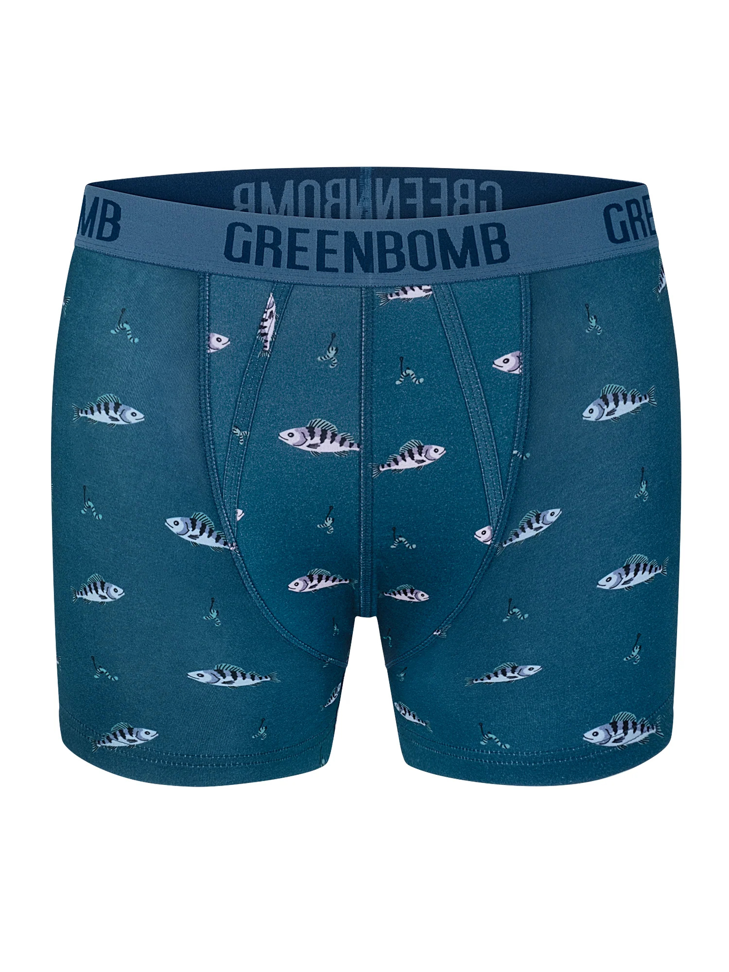 Boxer trunk homme Perch GREENBOMB en coton bio porté, motif poissons bleus