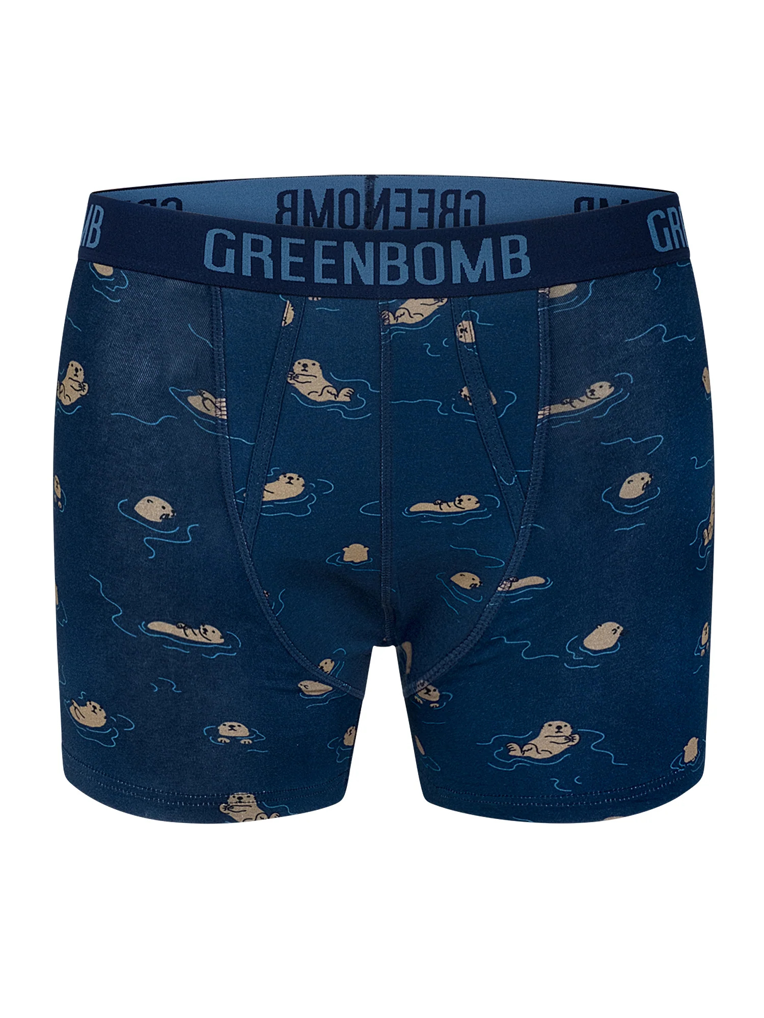 Boxer trunk homme Playing Otter GREENBOMB en coton bio porté, motif loutres flottantes