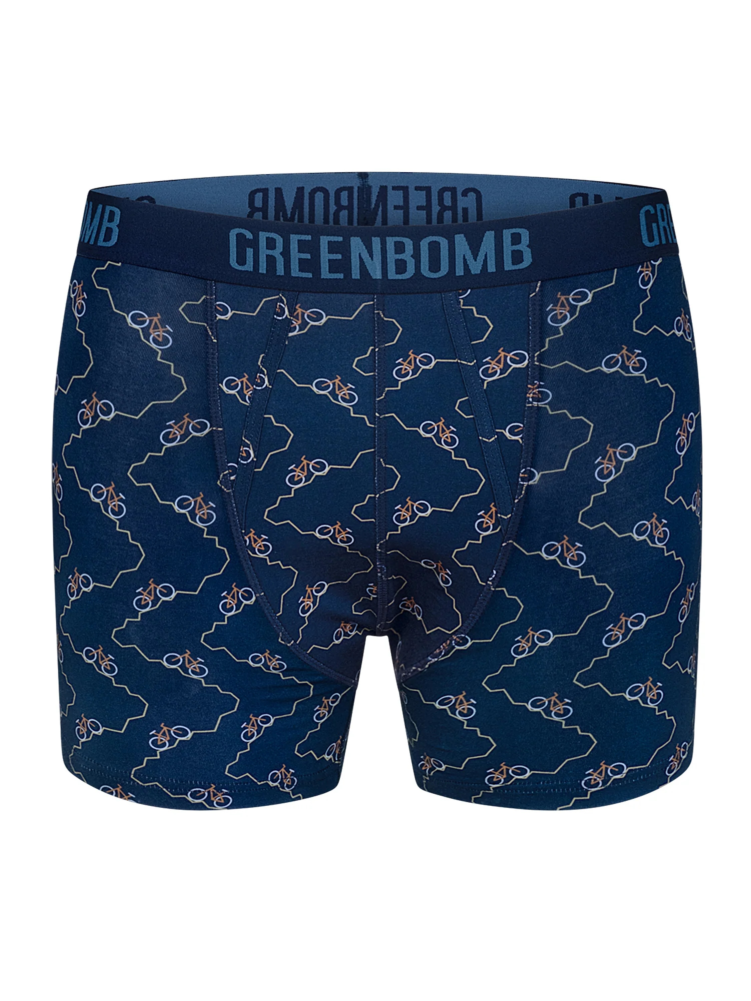 Boxer trunk homme Bike Zigzag GREENBOMB en coton bio porté, motif roues zigzag