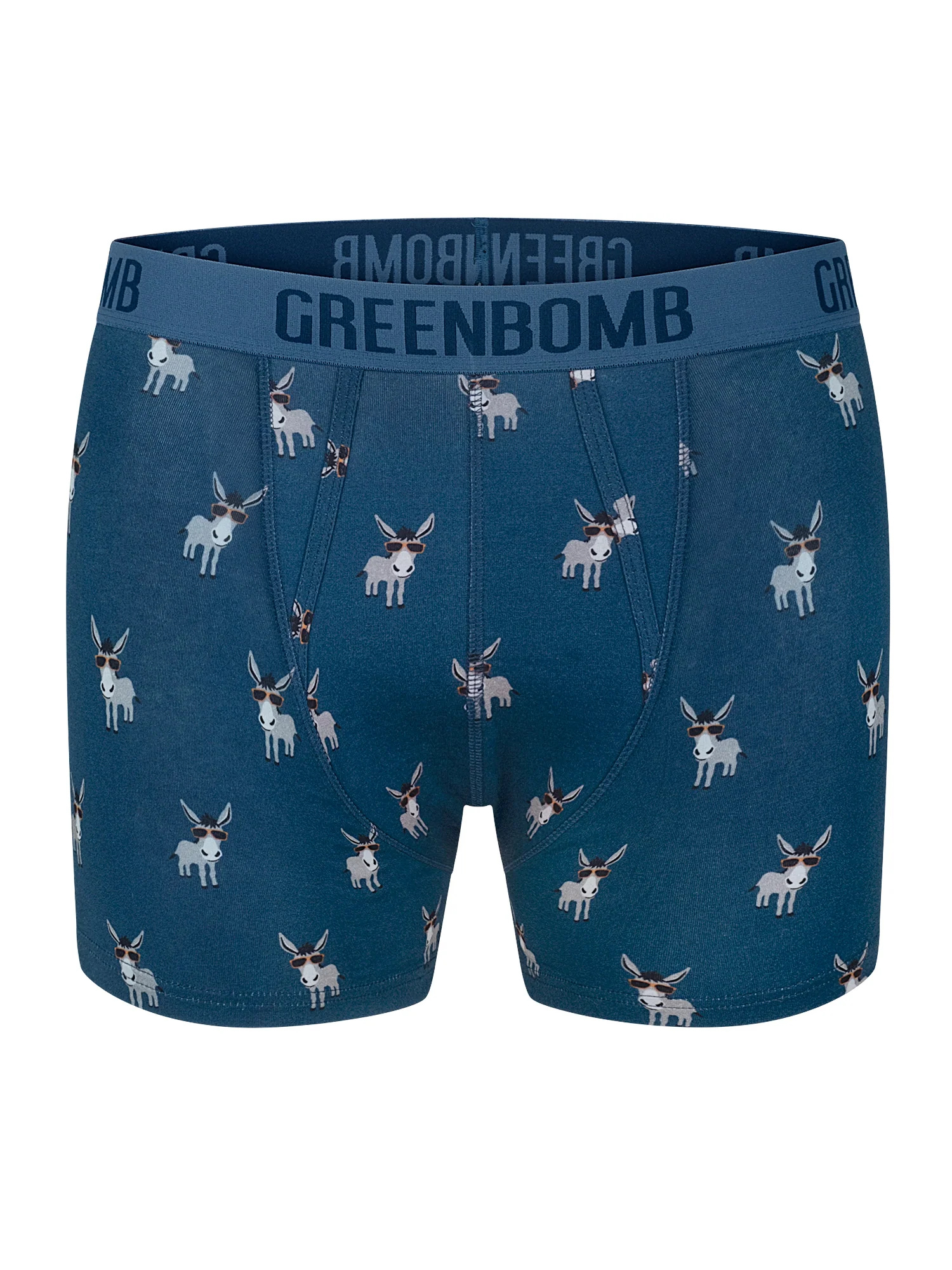 Boxer trunk homme Funky Donkey GREENBOMB en coton bio porté, motif ânes lunettés