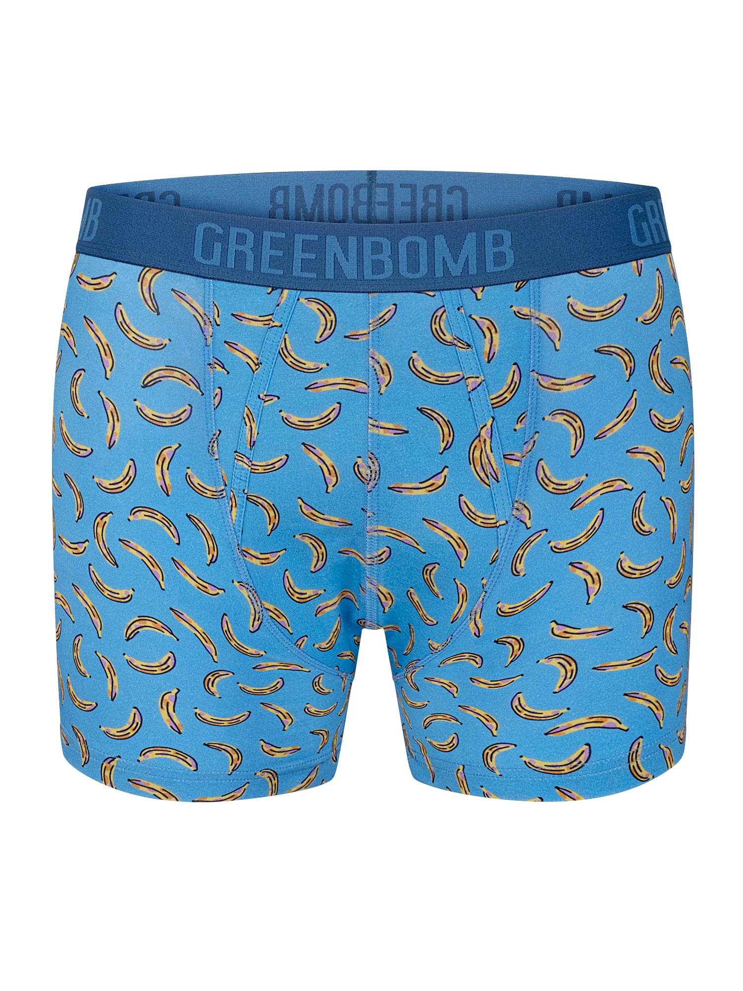 Boxer trunk homme Bananas GREENBOMB en coton bio porté, motif bananes jaunes sur bleu