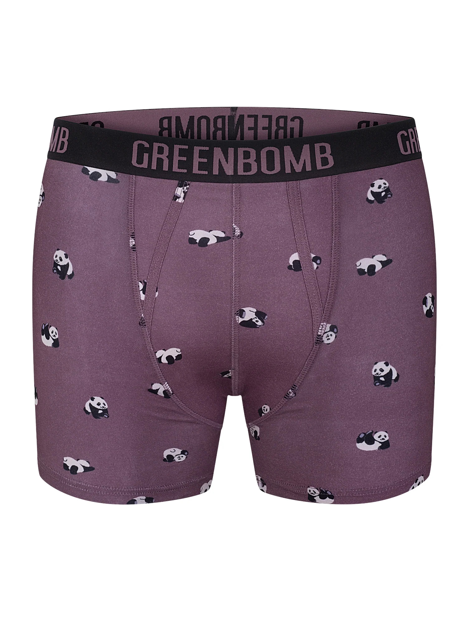 Boxer trunk homme Panda Roll GREENBOMB en coton bio porté, motif pandas sur mauve
