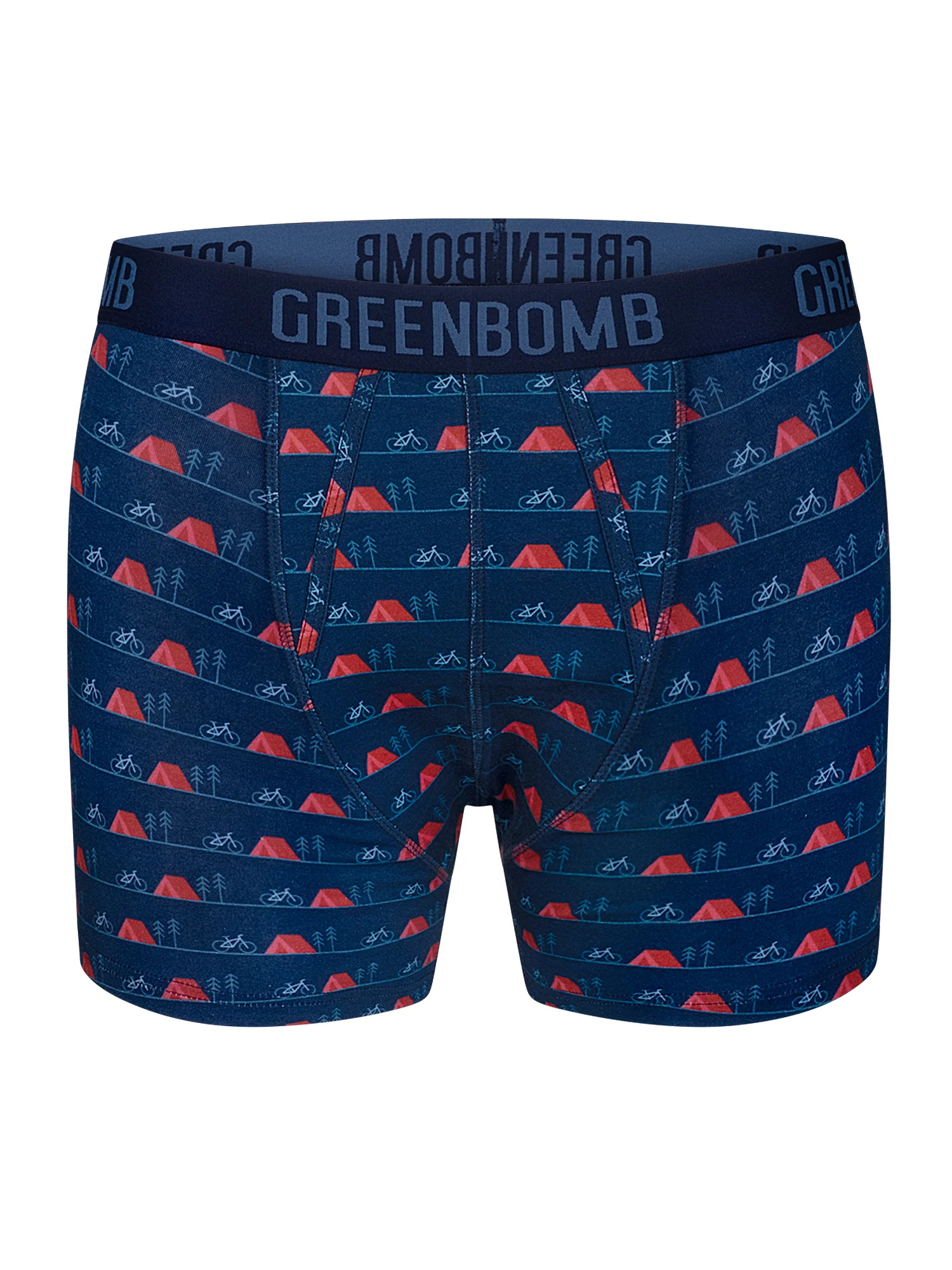 Boxer trunk homme Bike Tent GREENBOMB en coton bio porté, motif tentes et sapins