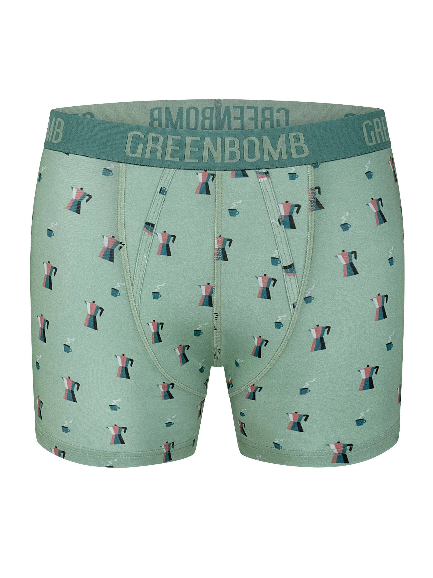 Boxer trunk homme Coffee GREENBOMB en coton bio porté, motif cafetières et tasses