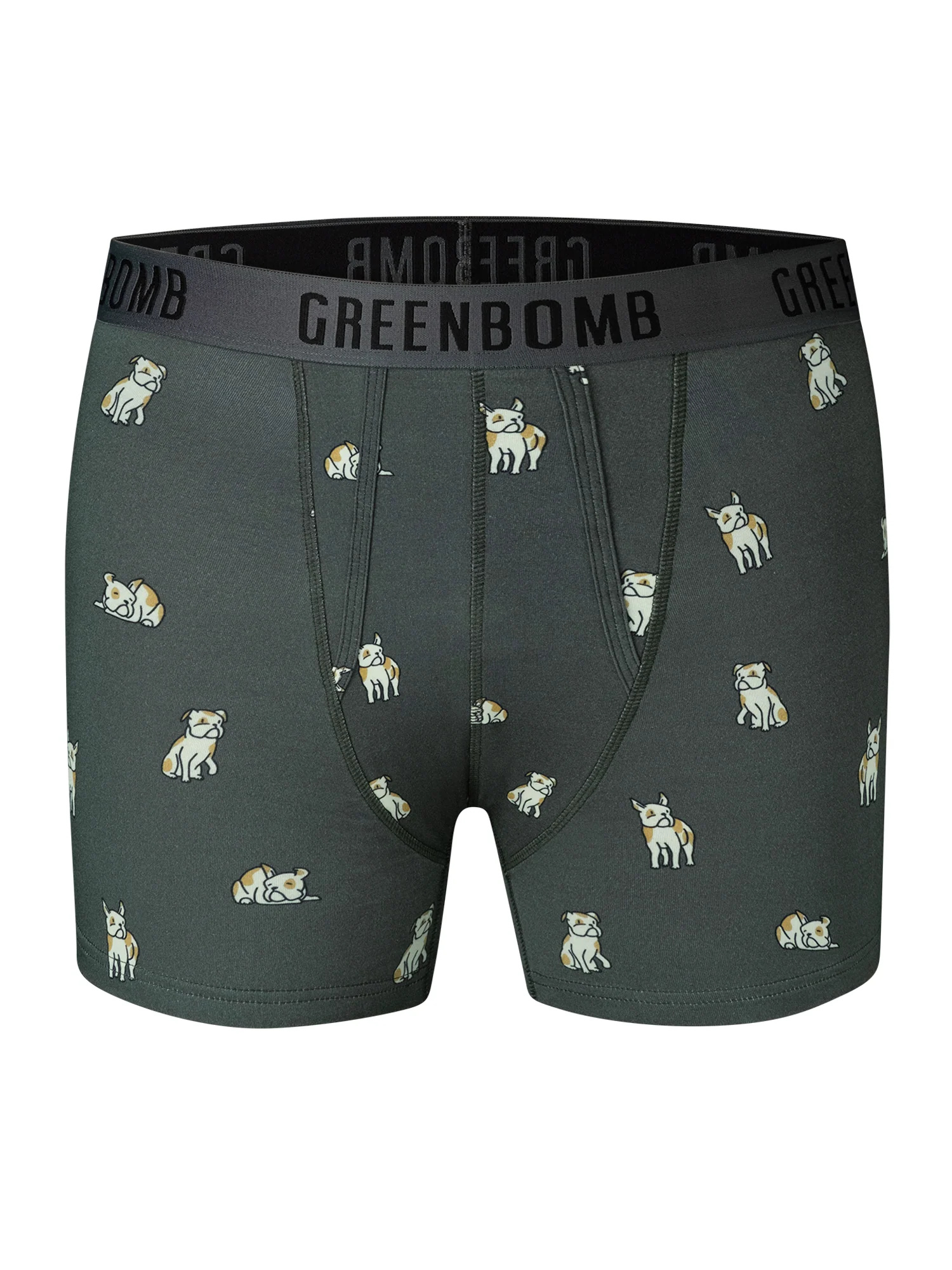 Boxer trunk homme Frenchi GREENBOMB en coton bio porté, motif petits chiens
